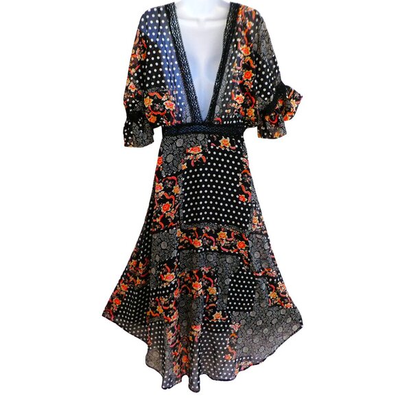 NEW Nasty Gal Collection Maxi Dress Floral Spot Mix Black Crochet Inset US 8 - Picture 3 of 7